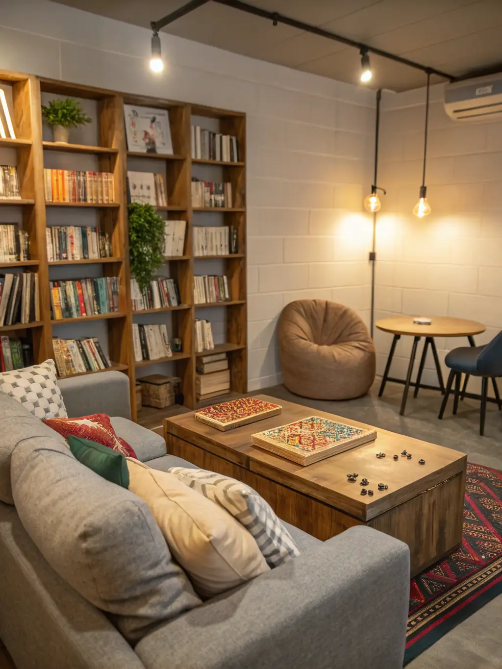 A cozy and inviting common area in Aalborg Hostel, with comfortable seating, books, and board games.
