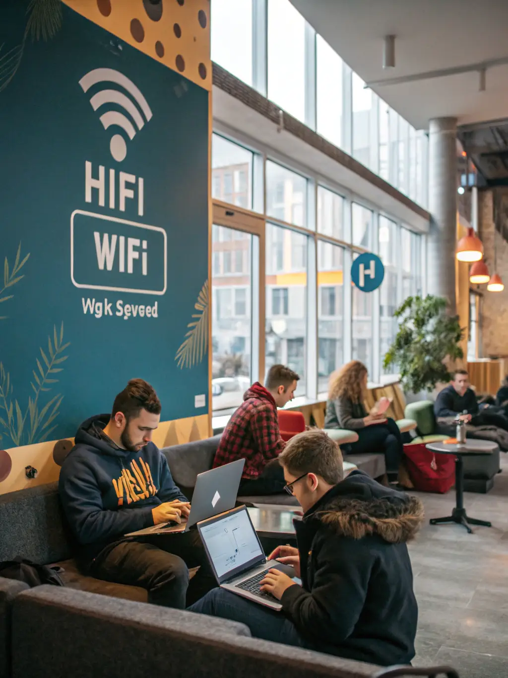 High-speed Wi-Fi access available throughout Aalborg Hostel, with guests using their laptops and mobile devices.