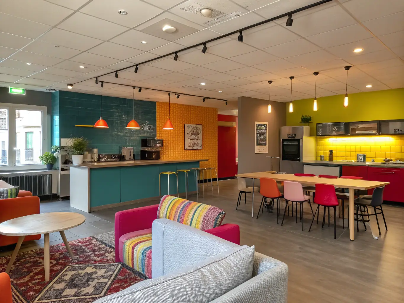 A vibrant and inviting common area at Aalborg Hostel, featuring comfortable seating, a communal table, and a kitchenette, creating a social and convenient space for guests to relax, cook, and connect with each other.
