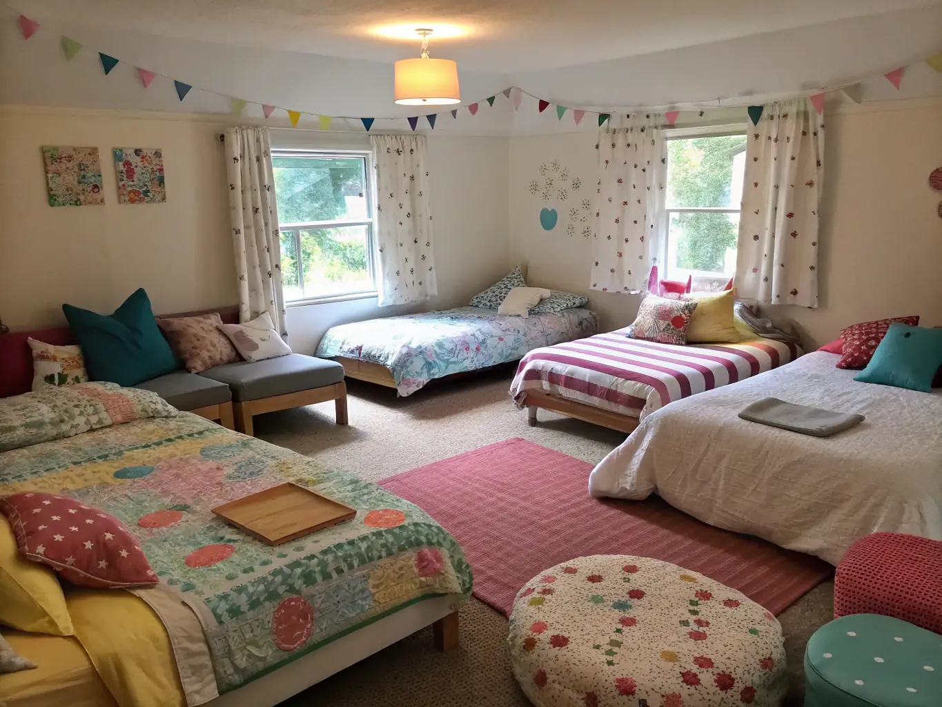 A spacious family room with a double bed and a bunk bed, decorated with colorful and playful elements. The room includes a small seating area and a view of the hostel's garden.