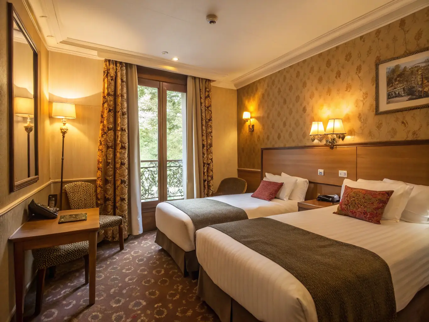A cozy private room with a double bed, a small desk, and a window overlooking a quiet street. The room is decorated in warm colors and has a comfortable, inviting feel.